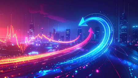 Abstract futuristic city with road and neon lights. 3D Renderingの素材