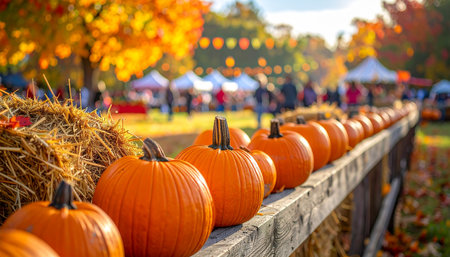 Harvested pumpkins on a wooden fence in an autumn parkの素材
