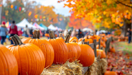 Halloween pumpkins for sale at market in autumn season. Selective focus.の素材