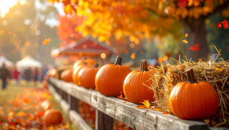 Halloween pumpkins on the wooden fence in autumn park. Autumn backgroundの素材