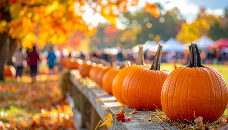 Halloween pumpkins on wooden fence in autumn park with blurred backgroundの素材
