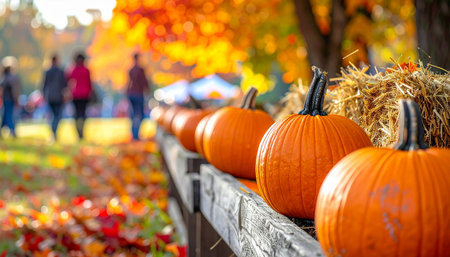 Halloween pumpkins on wooden fence in autumn park, shallow depth of fieldの素材