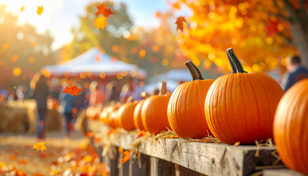 Pumpkins on a wooden fence with autumn leaves in the backgroundの素材