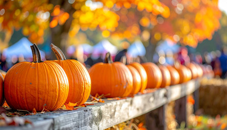 Halloween pumpkins in a row on wooden fence with blurred backgroundの素材