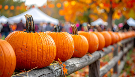 Orange pumpkins on a wooden fence in the autumn park. Halloween backgroundの素材