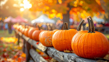 Halloween pumpkins on wooden fence in autumn park. Selective focusの素材