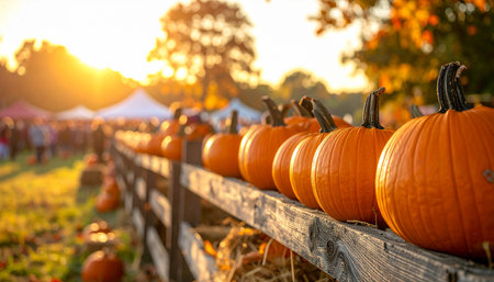 Pumpkin patch on sunny autumn day. Colorful pumpkins on wooden fence.の素材