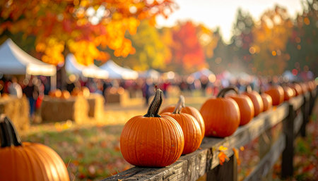 Halloween pumpkins on wooden fence in autumn park. Selective focus.の素材