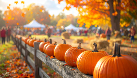 Halloween pumpkins on a wooden fence in the park. Autumn backgroundの素材