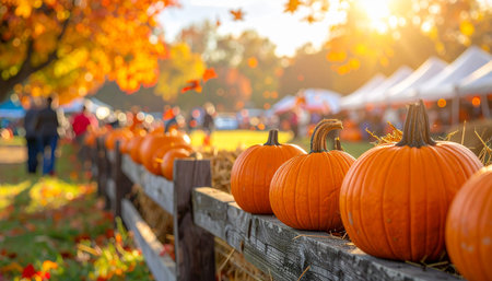 Halloween pumpkins on wooden fence in autumn park. Seasonal backgroundの素材