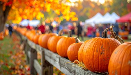 Halloween pumpkins on a wooden fence with people in the backgroundの素材