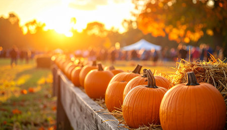 Halloween pumpkins on wooden fence at sunset, shallow DOFの素材