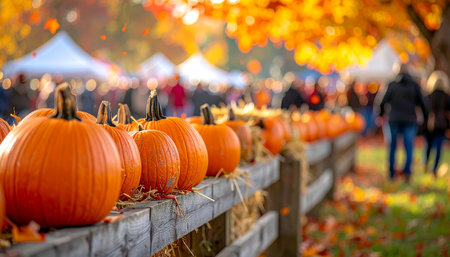 Halloween pumpkins on wooden fence in autumn park, shallow depth of fieldの素材