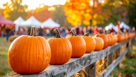 Halloween pumpkins on the wooden fence in the park during autumnの素材