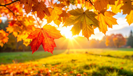 Colorful maple leaves in autumn park with sunbeams and lens flareの素材