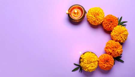 Beautiful burning candles with marigold flowers on color background, top viewの素材