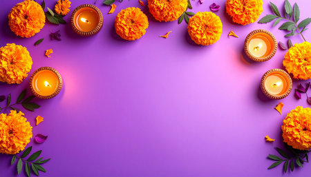Happy Diwali festival. Festive decoration on purple background.の素材