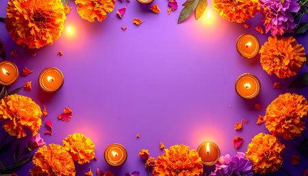 Flat lay of burning candles and marigold flowers on purple backgroundの素材