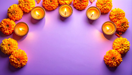 Happy Diwali - lighted candles and marigold flowers on purple backgroundの素材