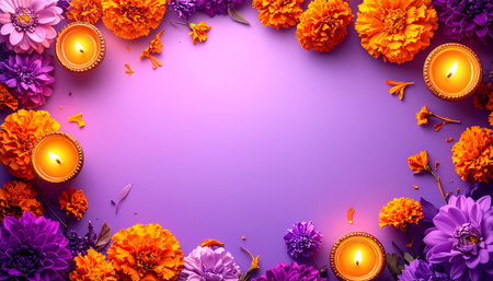 Happy Diwali festival of lights background with flowers and candles.の素材