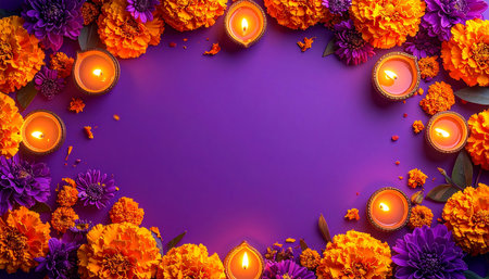 Happy Diwali, Deepawali or Womens Day background with flowers and candlesの素材