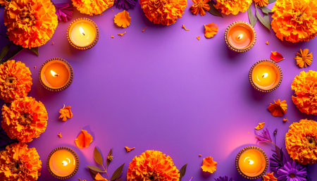 Flat lay composition with burning candles, flowers and leaves on purple backgroundの素材