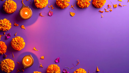 Flat lay of orange marigold flowers on purple background.の素材