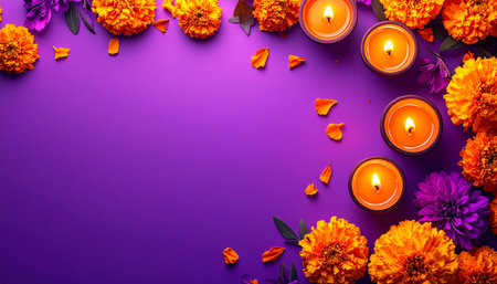 Happy Diwali festival with burning candles and flowers on purple backgroundの素材