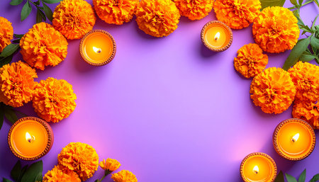 Beautiful Marigold flowers with burning candles on purple background.の素材