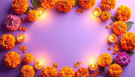 Flat lay composition with burning candles and marigold flowers on color backgroundの素材