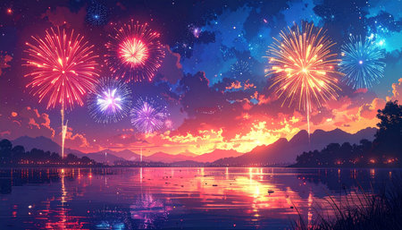 Colorful fireworks in the night sky with lake and mountain background.の素材