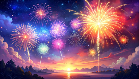 Beautiful firework on the night sky background. Vector illustration.の素材