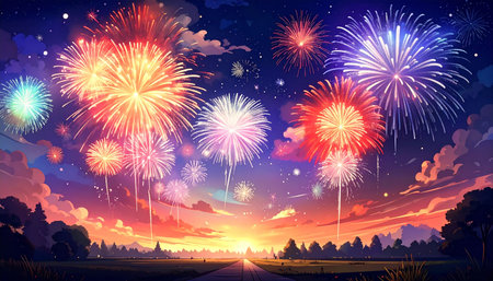 Colorful fireworks on the night sky background. Vector Illustration.の素材
