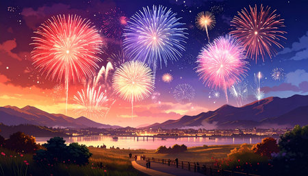 Fireworks in the sky with lake and mountain background. Vector illustration.の素材