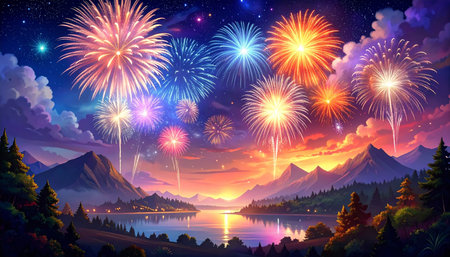 Colorful fireworks over the lake and mountains in the background, illustrationの素材