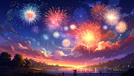 Colorful fireworks on the background of the lake and the sky.の素材
