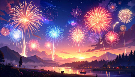 Colorful fireworks on the background of the mountain and the lake.の素材