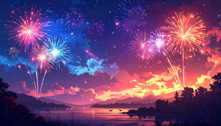 Fireworks on the background of the lake and mountains. Vector illustration.の素材