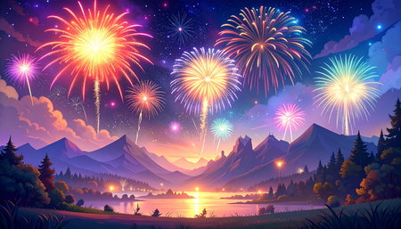 Colorful firework with mountains and lake in the background. Vector illustration.の素材