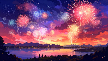 Happy New Year background with fireworks in the sky. Vector illustration.の素材