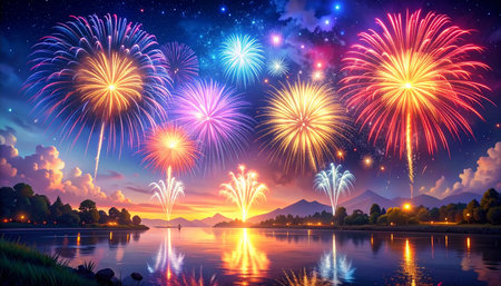 Colorful fireworks with reflection on lake at night for celebration background.の素材