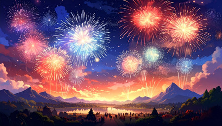 Colorful fireworks over the lake and mountains in the background, vector illustrationの素材