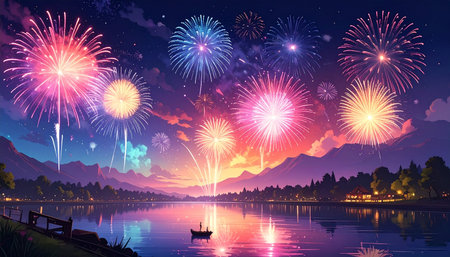 Fireworks and boat on the lake at night, vector illustration.の素材
