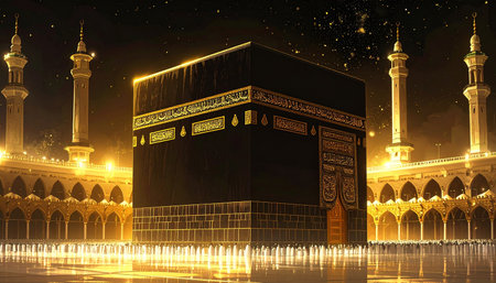 Mosque at night with reflection in the water, Ramadan Kareemの素材