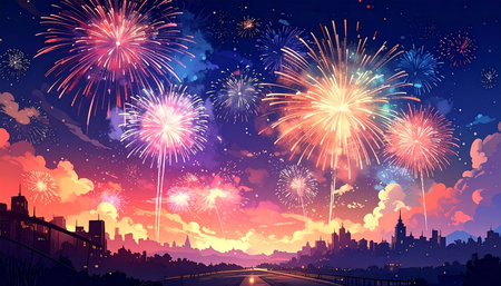 New year's eve fireworks and cityscape background, vector illustration.の素材