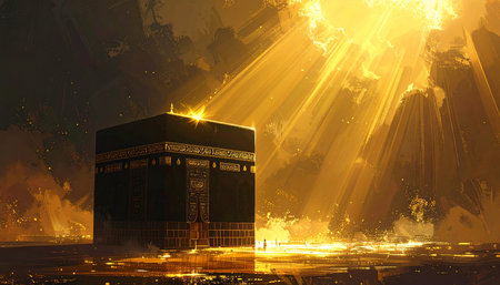 3D illustration of Ramadan Kareem background with mosque and golden lightの素材