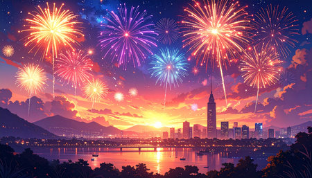 Fireworks over the cityscape and lake in the evening, vector illustrationの素材