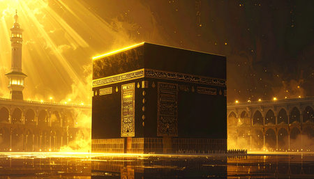 Ramadan Kareem background with mosque and golden rays of light.の素材