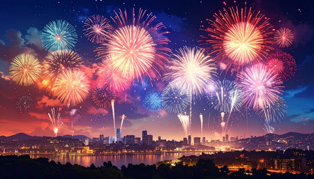 Colorful fireworks over the night cityscape of Seoul, South Koreaの素材
