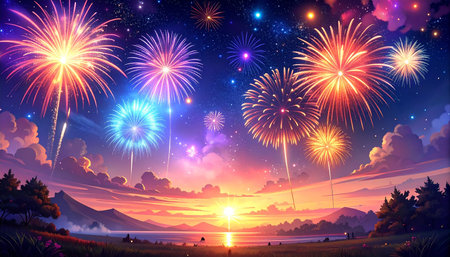 Fireworks in the night sky with mountain background. Vector illustration.の素材